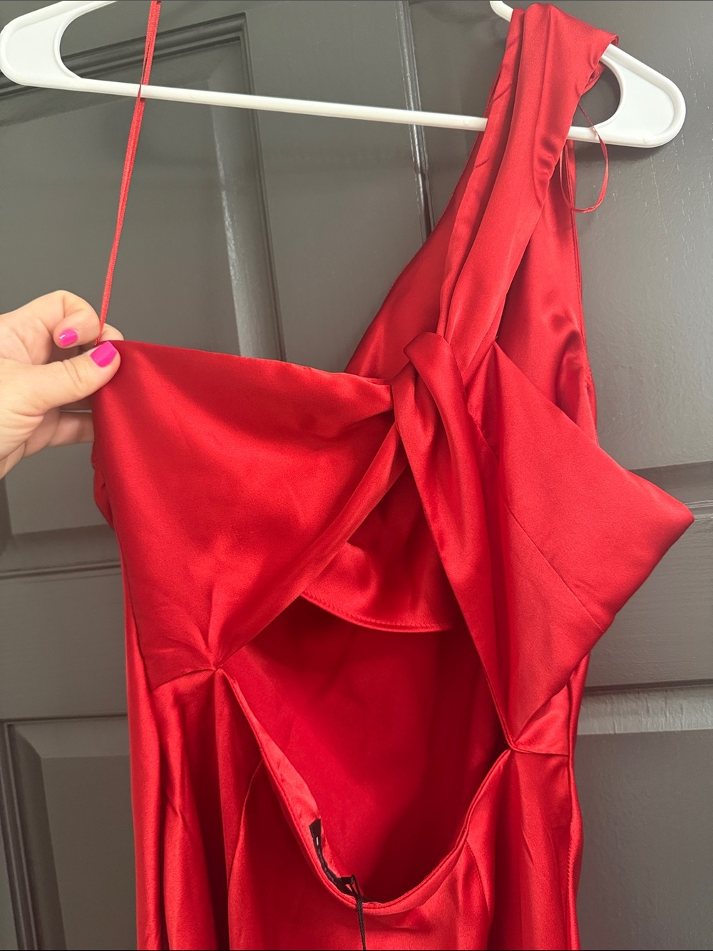 Zara One-Shoulder Red Satin Gown - Picture 4 of 5